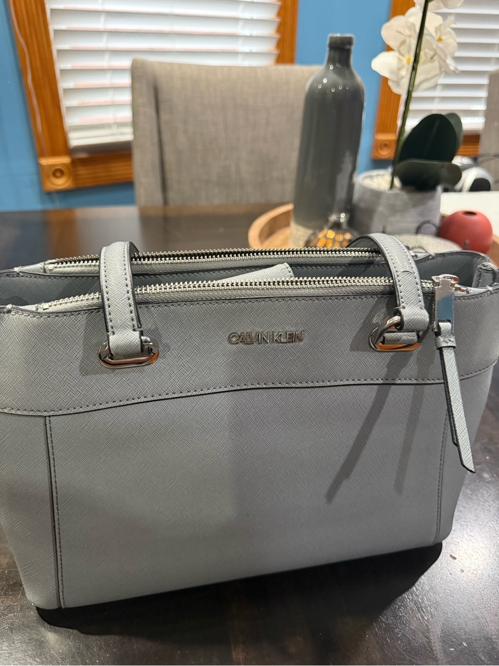 Calvin Klein Gray/Light blue Saffiano Leather Top-Handle Tote